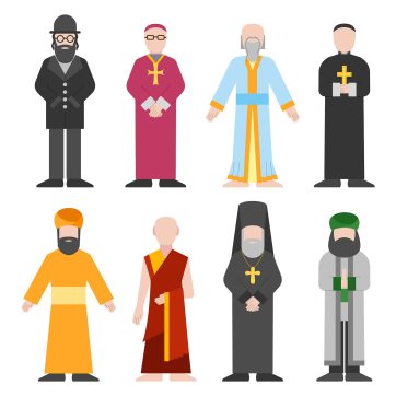 Vector set of different religion people confession man. People of different religion in traditional clothing in trendy flat style. Religion people islam and catholic religion people character icons.